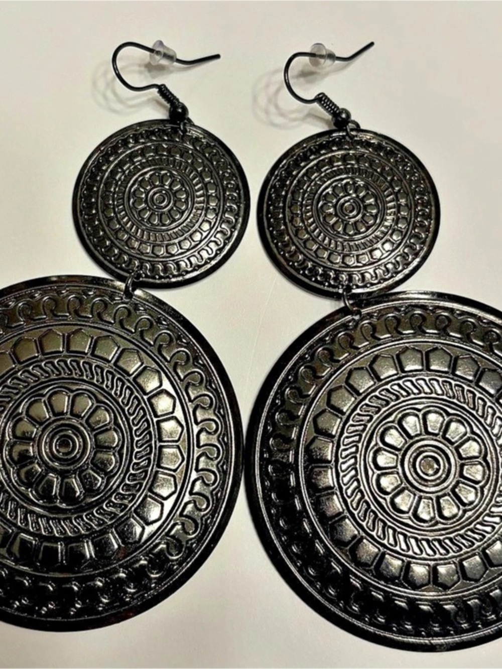 Embossed Round Statement Earrings in Black